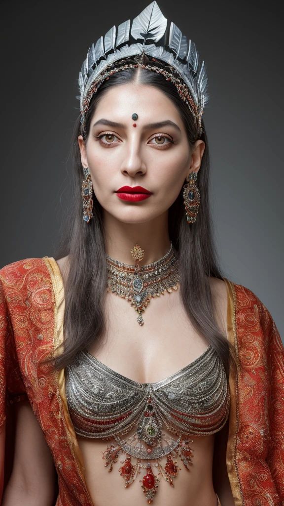 a woman with a silver headdress and red lipstick, this person does not exist, statuesque hourglass figure, perfect body, traditional makeup, fantasy inspired, baroque hibiscus queen, vibrant hues, jeweled headdress, lindsay adler-maruja mallo-lubna agha-aya goda merged, entire body visible, full body, hyperrealistic, best quality, 8K, real human skin, masterpiece, extremely intricate, medium closeup, detailed eyes, detailed face, detailed body, exaggerated features, pronounced features