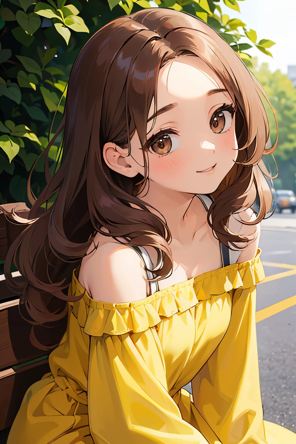 looking back, upturned eyes, masterpiece、highest quality、 forehead, curly hair, A 2 woman with light chestnut medium-long hair and brown eyes.、wearing a yellow off-shoulder blouse、smile, (shy:1.2), sitting、The background is a park、bold composition、walking、Upper body is shown、Alone、close up of your face