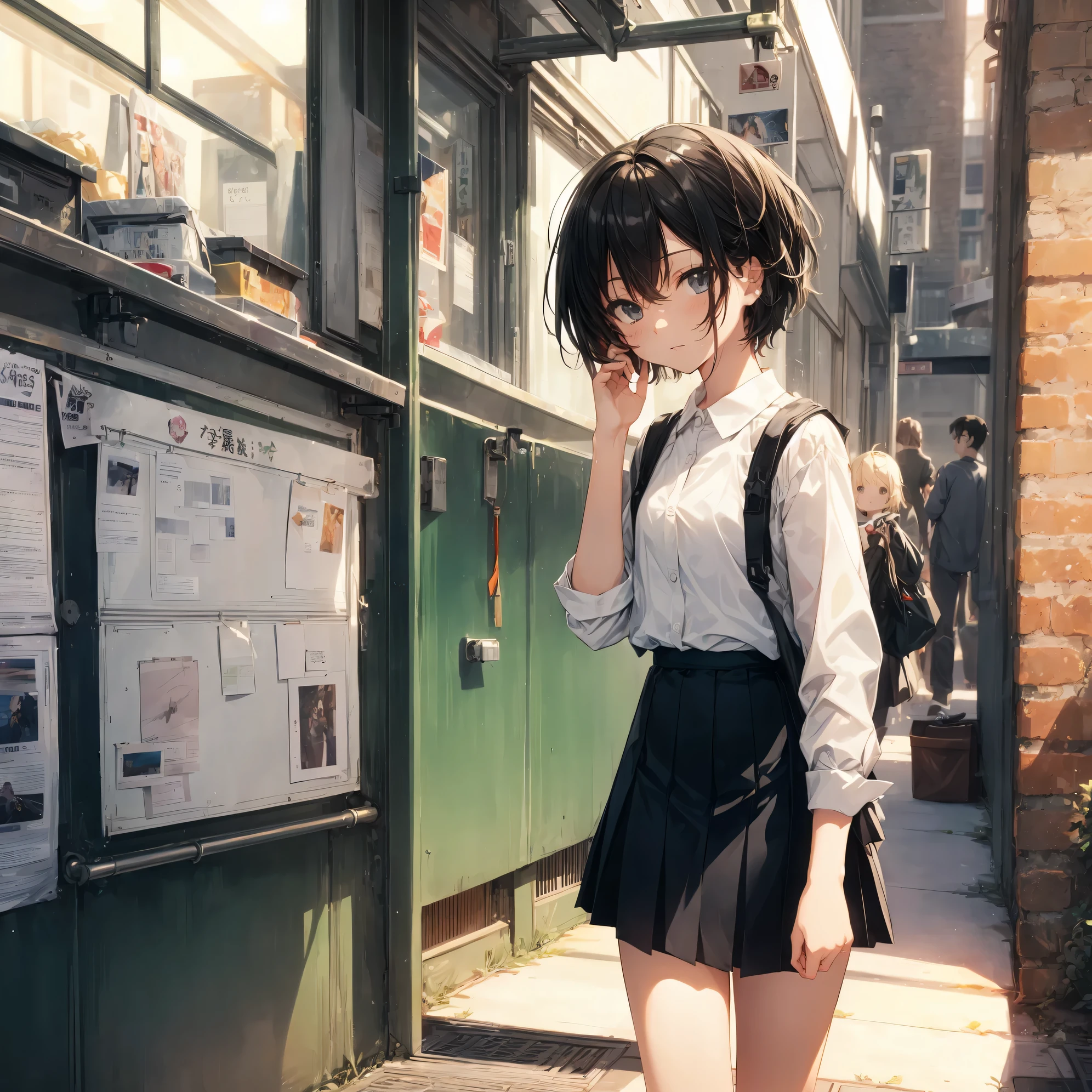 ultra-Top-quality by art God, ultra-detailed, high resolution, shinkai makoto style, anime moe artstyle, best anime 8k konachan wallpaper, pixiv contest winner, perfect anatomy, break,(Please draw a girl walking sleepily to school alone. ),break, a hyperrealistic schoolgirl, (Solo,Loli,child,13-year-old:1.3),Full limbs, complete fingers,a junior high school student, androgynous charm, (Very very Short hair), messy hair, flat soft chest, Small butt, groin, Small eyes,beautiful detailed black eyes, well-proportioned iris and pupils, disgusted eyes, highres detailed hair, school Uniform, skirt,  in the School commute route. break,super detailed skin, Best lighting powered by famous artist, 8k, illustration,