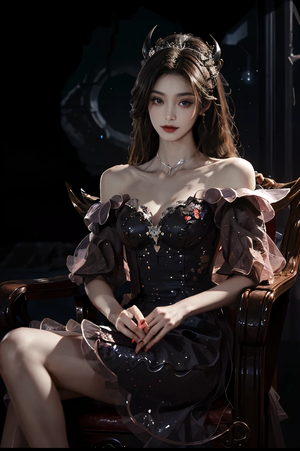 dress, Beautiful devil woman from hell, (in the darkness: 1.6), 大卫霍克尼和阿尔方斯穆夏的surreal女性portrait, fantasy art, korean doll, Photorealism, dynamic lighting, art station, posters, Volumetric lighting, The facial details are very rich, 8k, in the darkness, deep shadow, low pitch, (knee shot), long hair, black hair, luxurious palace, royal style, Demon Crown, Red eye makeup is very sharp and detailed, the most beautiful face, normal breast, surreal, charming smile, Eye makeup is very good, Gurwitz, devil style, red and black lips, Devil tattoo on shoulder, The weather is gloomy and thunderous, (portrait), Protagonist close-up, (Background details 1.8),