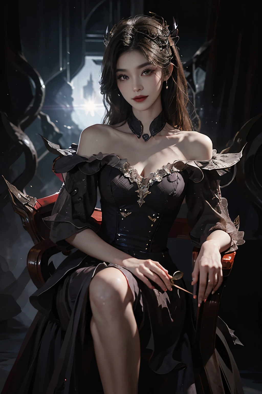 dress, Beautiful devil woman from hell, (in the darkness: 1.6), 大卫霍克尼和阿尔方斯穆夏的surreal女性portrait, fantasy art, korean doll, Photorealism, dynamic lighting, art station, posters, Volumetric lighting, The facial details are very rich, 8k, in the darkness, deep shadow, low pitch, (knee shot), long hair, black hair, luxurious palace, royal style, Demon Crown, Red eye makeup is very sharp and detailed, the most beautiful face, normal breast, surreal, charming smile, Eye makeup is very good, Gurwitz, devil style, red and black lips, Devil tattoo on shoulder, The weather is gloomy and thunderous, (portrait), Protagonist close-up, (Background details 1.8),