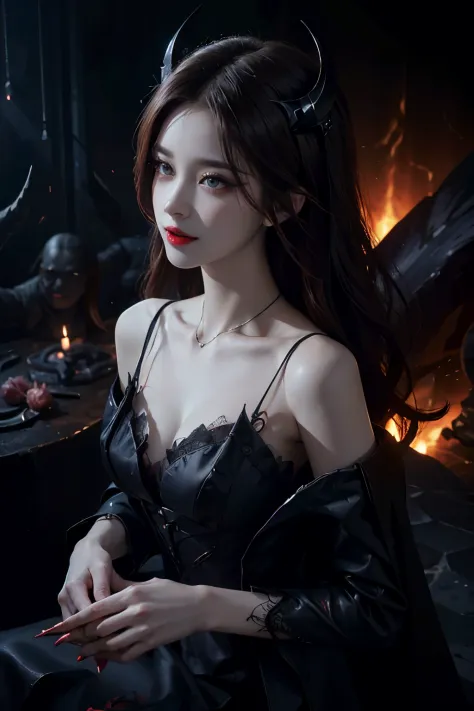 sweet girl dress2,dress, beautiful devil woman from hell, (in the darkness: 1.6), 大卫霍克尼和阿尔方斯穆夏的surreal女性portrait, fantasy art, k...