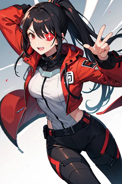 sci fi medic jacket, black hair, long ponytail red hair, red eyes, smirk, confident pose, her right eye using eye patch with med...