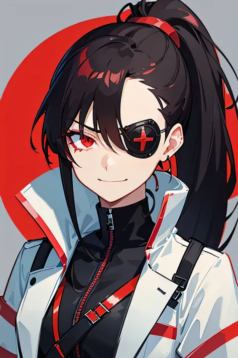 sci fi medic jacket, black hair, long ponytail red hair, red eyes, smirk, confident pose, her right eye using eye patch with med...