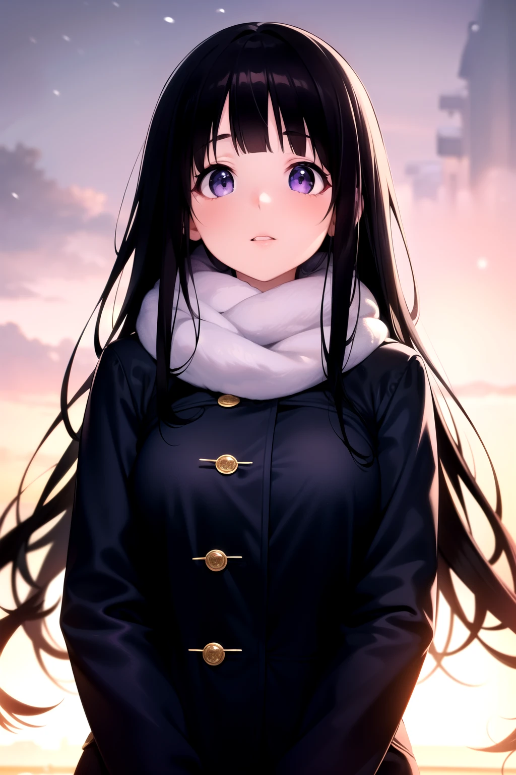 (A superb exquisite Chitanda Eru), (mature face), (((half-body))), purple eyes, long black hair, natural straight hair, straight bangs, solo, [Small_breasts: large_breasts: 0.5], (winter clothes, winter vibes), normal breasts, extremely delicate, peerless beautiful girl, dreamy quality, exaggerated facial features, solid color, delicate face, bright lips, slender waist, straight curves, soft lights and shadows, super fine, 8K HD, (masterpiece:1.4), (finely detailed beautiful eyes: 1.2)