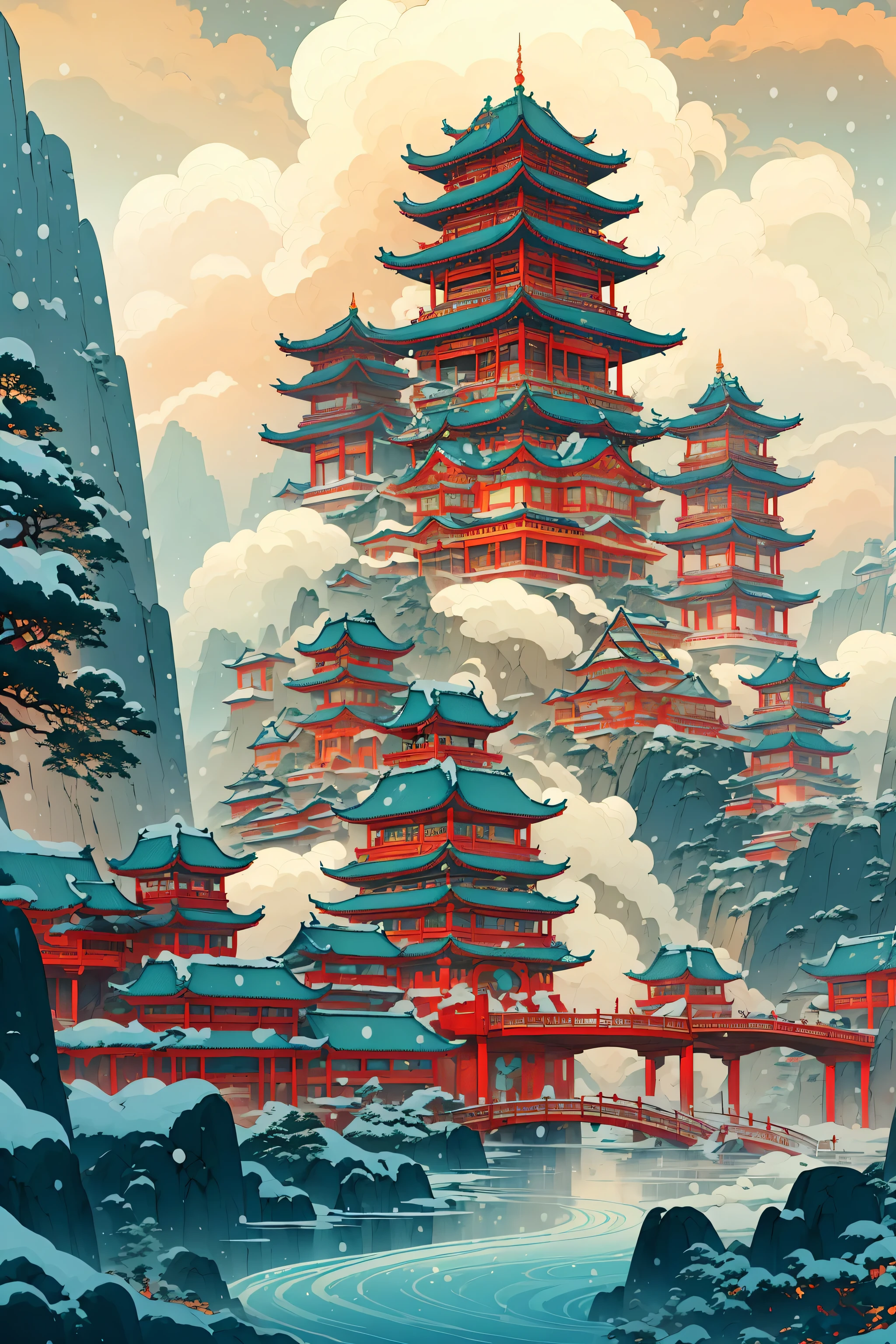 (snow:1.2),illustration,exquisite lines,historic architecture,plan illustration,Minimalism,((墨water...)),Tree,no humans,check mark,architecture学,landscape,cloud,water,Sky,watercraft,outdoor,waterfall,pagoda,Boat,architecture,bridge,Mountain,river,Rich details,wooden Boat,white Sky,dark clouds,(snow covers the house:1.2),it is snow heavily,heavy snow,