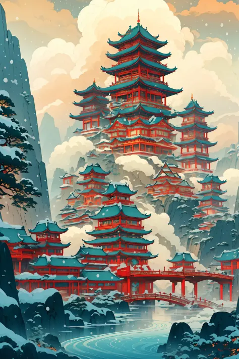 (snow:1.2),illustration,exquisite lines,historic architecture,plan illustration,minimalism,((墨water...)),tree,no humans,check ma...