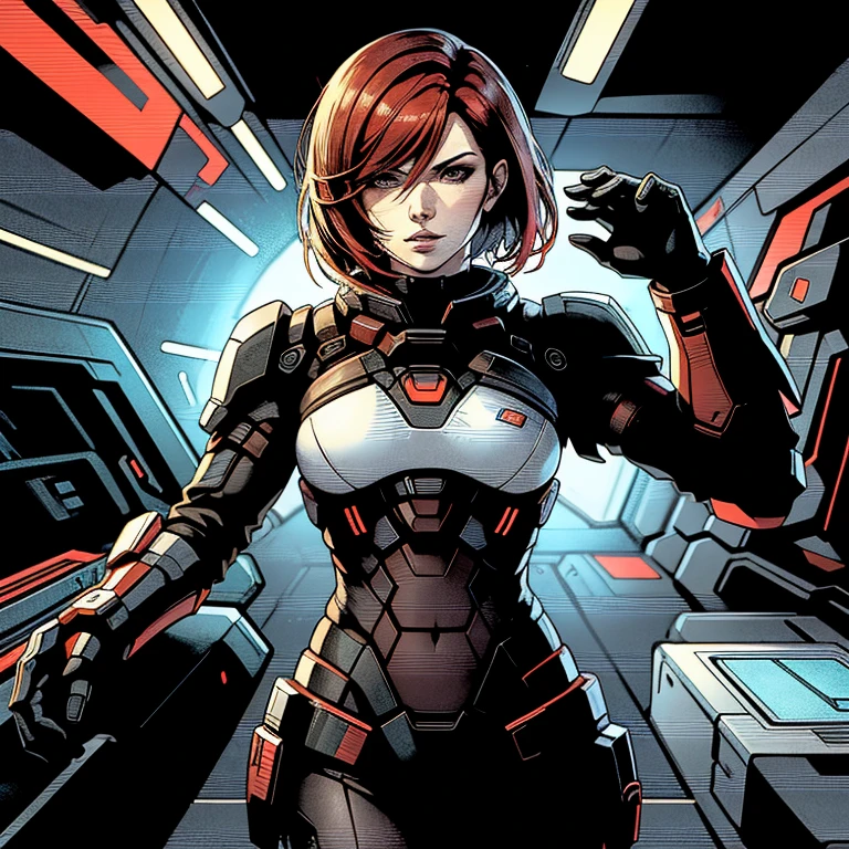 Red head femshep, mass effect, scifi background 