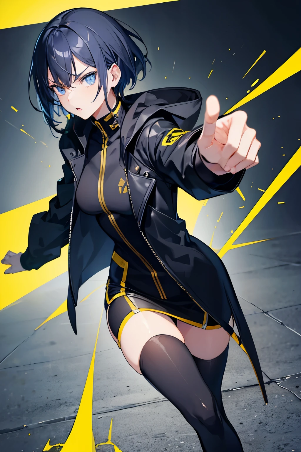 female, black jacket robe, yellow short hair, blue eyes, angry, confident pose,
