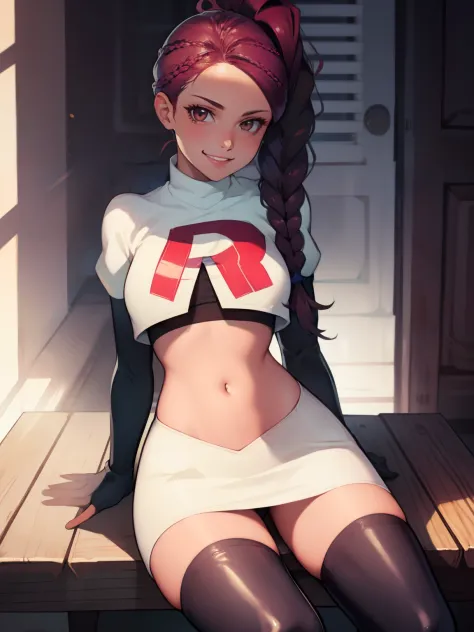 petra, braided ponytail, brown eyes, glossy lips ,team rocket uniform, red letter r, white skirt,white crop top,black thigh-high...