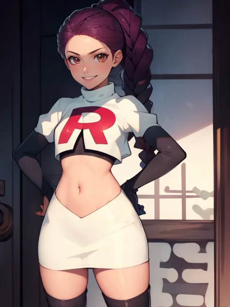 petra, braided ponytail, brown eyes, glossy lips ,team rocket uniform, red letter r, white skirt,white crop top,black thigh-high...