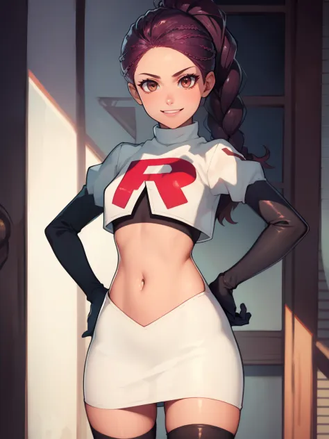 petra, braided ponytail, brown eyes, glossy lips ,team rocket uniform, red letter r, white skirt,white crop top,black thigh-high...