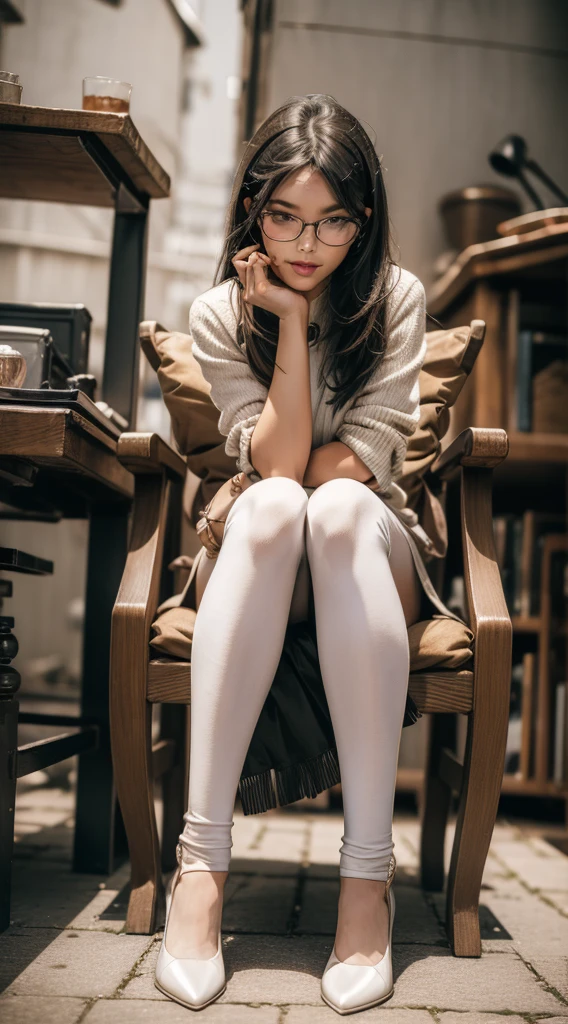 ((Detailed eyes)), mary jane shoes, full body, sit on desktop, white stockings, glasses, cute body, cute face, alice in wonderland, happy, brunette