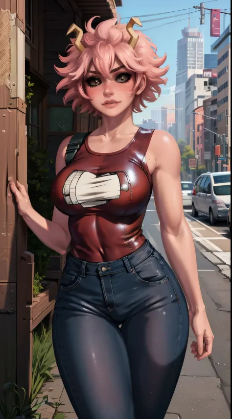 (best quality:1.3), (4k quality), 1 mature woman, Mina Ashido by boku no hero, ((Detailed face)), (blush), city, (pants leather)