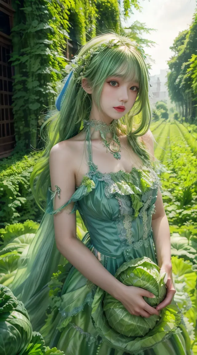 masterpiece, super detailed, highest image quality, 1 girl, alone, long green hair, cabbage dress, fine jewelry, outdoor,