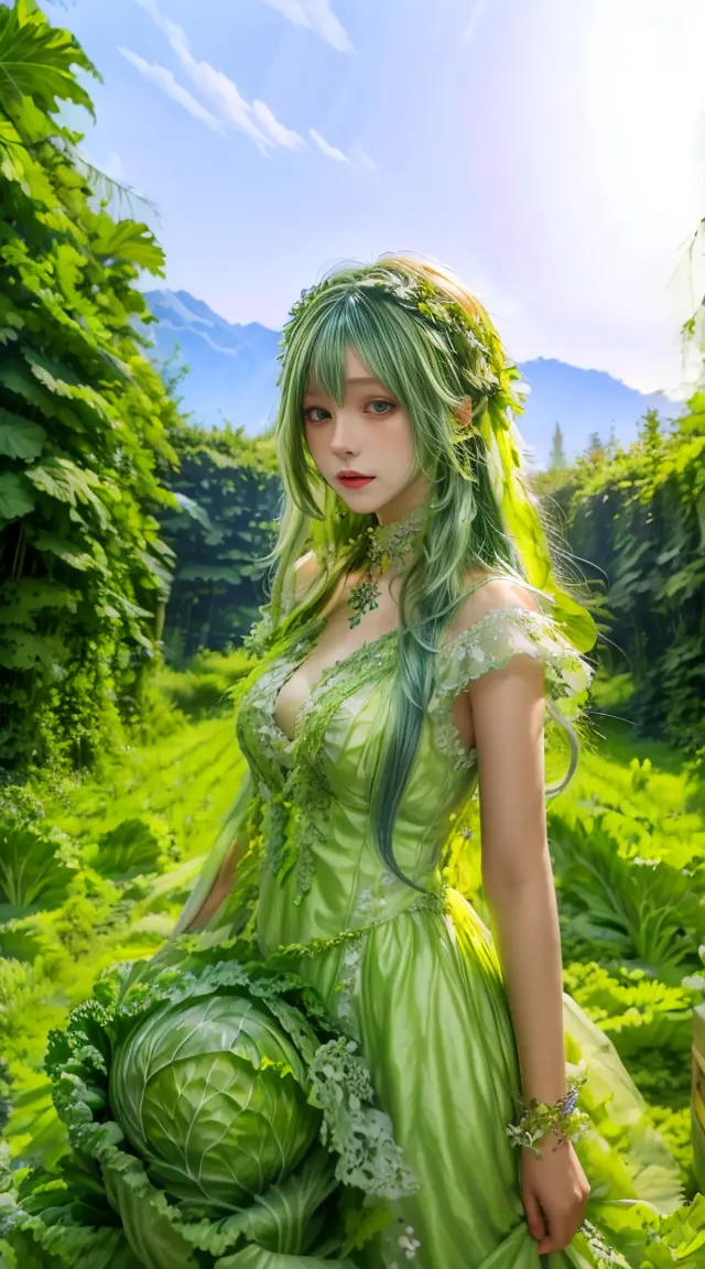 masterpiece, super detailed, highest image quality, 1 girl, alone, long green hair, cabbage dress, fine jewelry, outdoor,