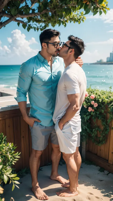 2men Handsome, muscular sportsman, wearing glasses, in love, clouds, smoke, groom kissing groom, happiness, see-through shirt, wet fabric, blowing, pastel color, morning light, high definition, seashore, beach, sand, splashing water, tall building top, roo...