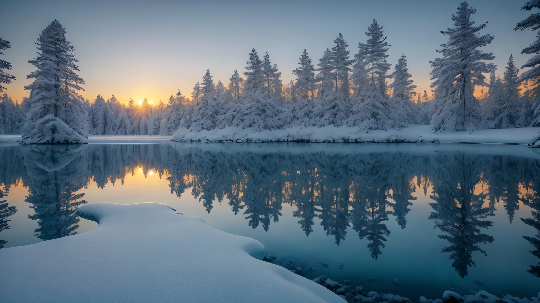 atemberaubender Panoramablick, National Geographic-würdiger Schnappschuss, preisgekrönte Fotografie, filmische Beleuchtung, Hasselblad-Kamera Ein zugefrorener See unter dem glühenden Sonnenlicht, Umgeben von hohen Kiefern, Schaffen einer verträumten Atmosphäre. Der See ist kristallklar, die leuchtenden Farben des Himmels und der umliegenden Natur reflektieren. Das Sonnenlicht wirft einen warmen, goldener Farbton über der Szene, ergänzt die friedliche Stille. in der Ferne, es gibt einen ruhigen Horizont, verschmilzt nahtlos mit dem Himmel. Die Bildqualität ist außergewöhnlich, mit HDR-Technologie, die die Details und Farben verstärkt. Der Gesamteffekt ist faszinierend, die Schönheit und Ruhe dieser Winterlandschaft einfangen.