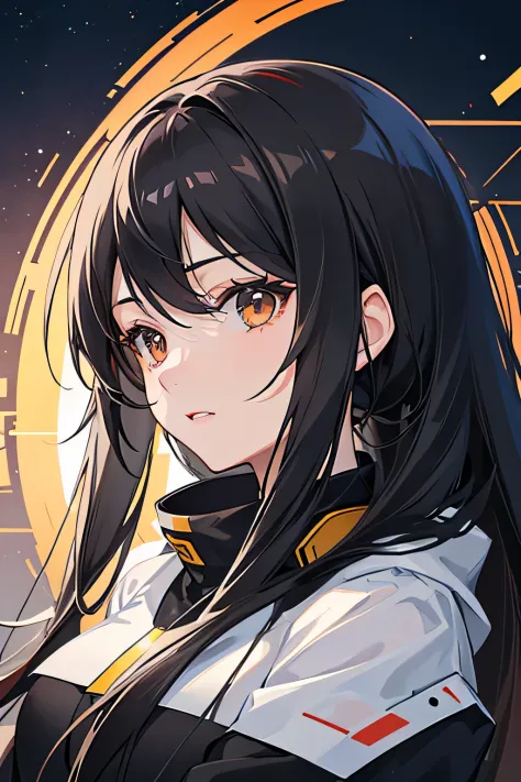 anime girl with long black hair and sci-fi grey outfit, brown eyes, face facing the screen, character portrait, profile picture