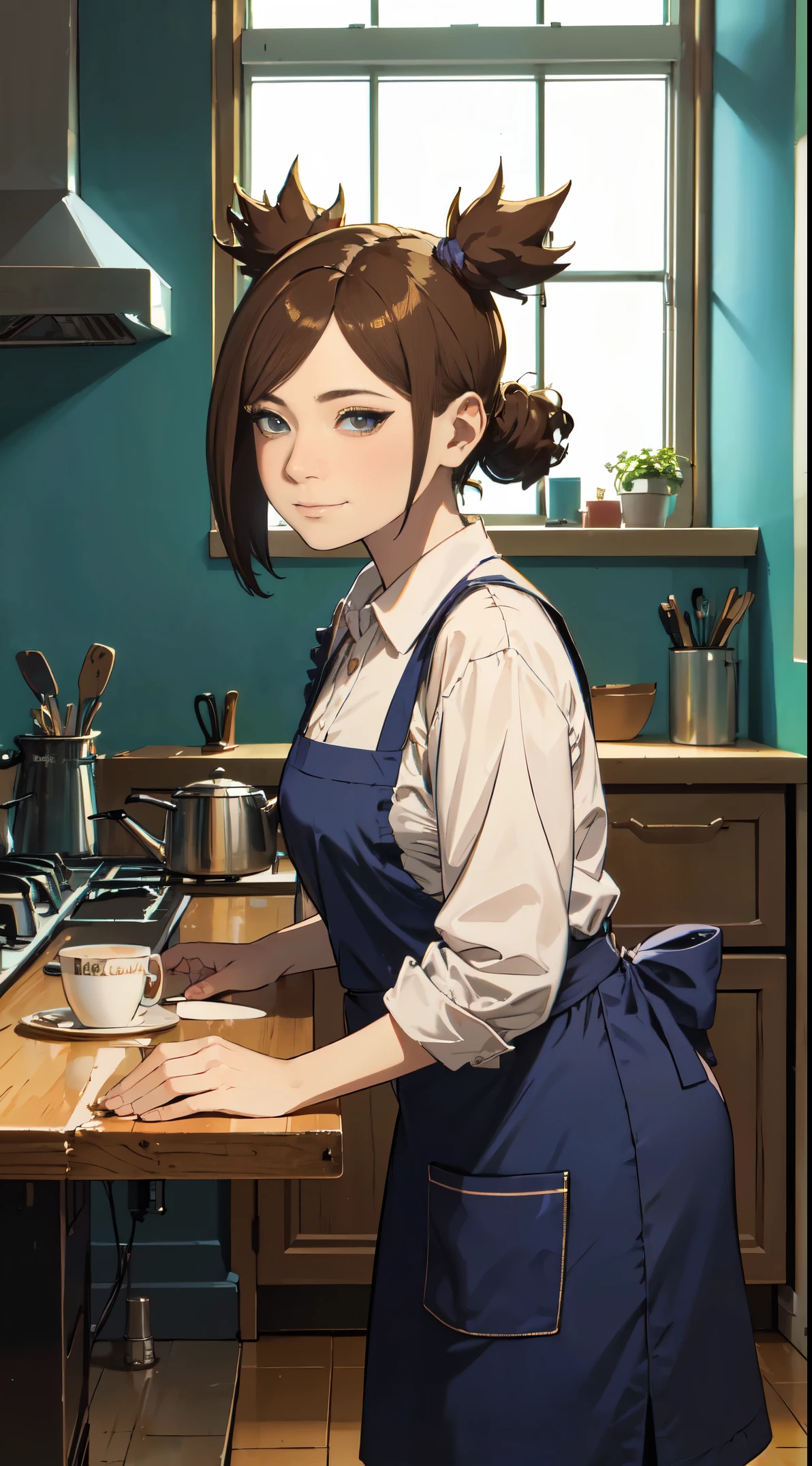 ((best quality)), ((highly detailed)), masterpiece, absurdres, extremely detailed face, beautiful face, (detailed eyes, deep eyes), (1girl), upper body, cookingmama, brown hair, short hair, brown eyes, medium breasts, pink bandana, smiling, (yellow apron), long apron, maxi apron, white collared shirt, sleeves rolled up, blue pants, slippers, white footwear, , indoors, in a kitchen, tea and a coffe in a table