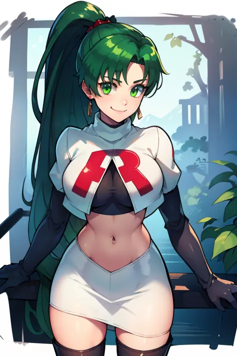 lyn, ponytail, green eyes, green hair ,team rocket uniform, red letter r, white skirt,white crop top,black thigh-high boots, bla...