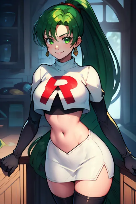 lyn, ponytail, green eyes, green hair ,team rocket uniform, red letter r, white skirt,white crop top,black thigh-high boots, bla...