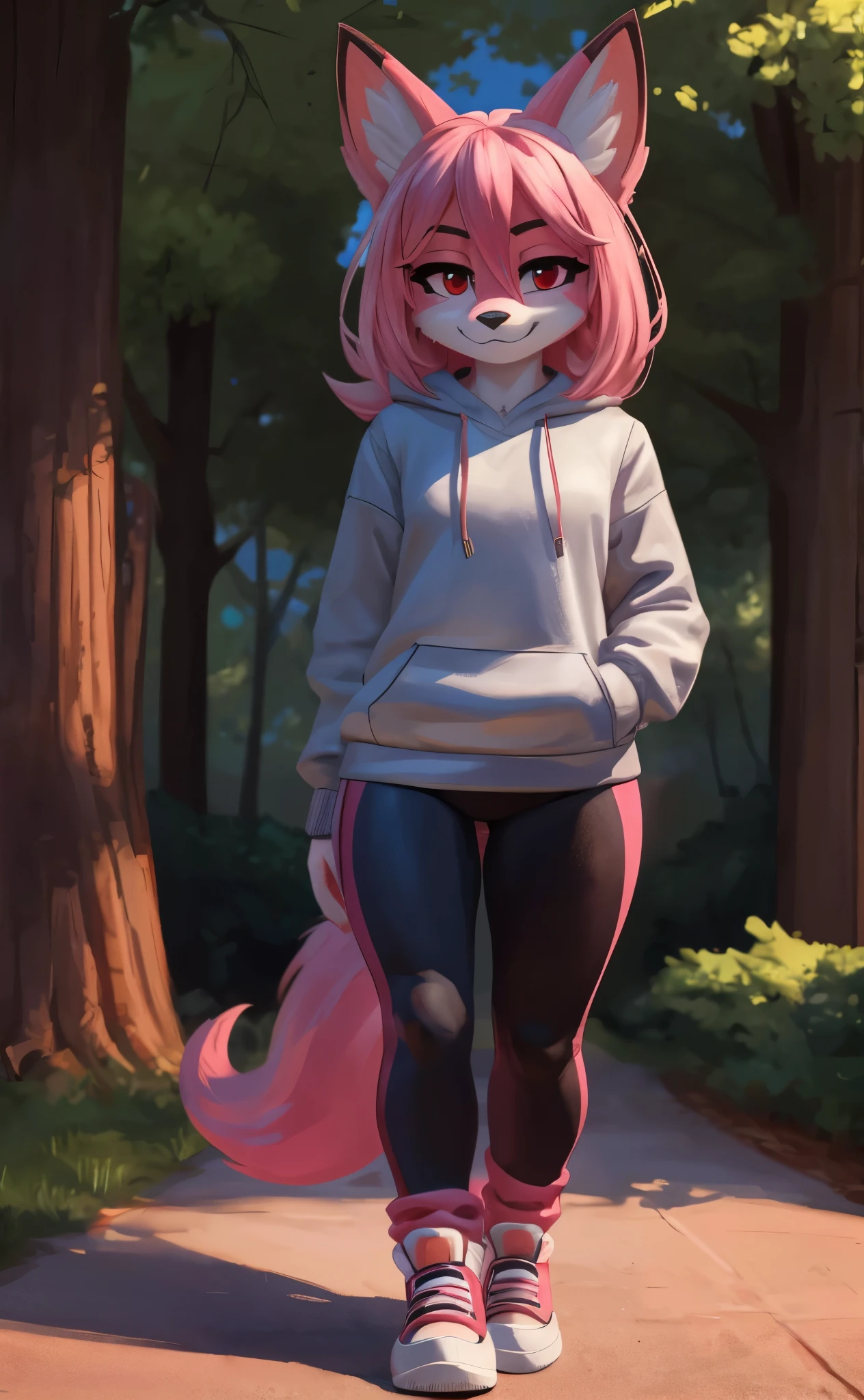 [nazuna hiwatashi], [Uploaded to e621.net; (Pixelsketcher), (wamudraws)], ((masterpiece)), ((HD)), ((highres)), ((solo portrait)), ((full body)), ((front view)), ((feet visible)), ((furry; anthro)), ((detailed fur)), ((detailed shading)), ((beautiful render art)), ((intricate details)), {anthro fox girl; pinn fur, black nose, (cute red eyes), (long eyelashes), (luffy pink tail), (long pink hair), (two toned hair), (hot-pink tips on hair), (curvy hips), (beautiful legs), (blushing), (smug smirk)}, {(grey sweatshirt), (black yoga pants), (pink leg warmers), (white sneakers)}, {(standing), (hands in pockets), (looking at viewer)}, [background; (park), (trees), (beaten path), (clouds in sky), (blue sky), (sun rays), (ambient lighting)]