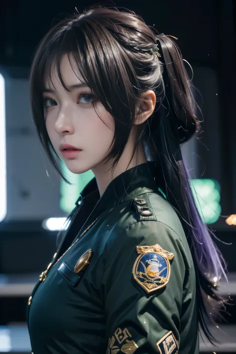 Masterpiece，The best qualities，Very high resolution，8K，((Portrait))，((Head close-up))，Original photo，real photo，数码摄影， (A girl dressed in a combination of modern and technological style)，(Police officer)，22岁女孩，(Random hairstyles，Purple hair)，(The pupils of ...