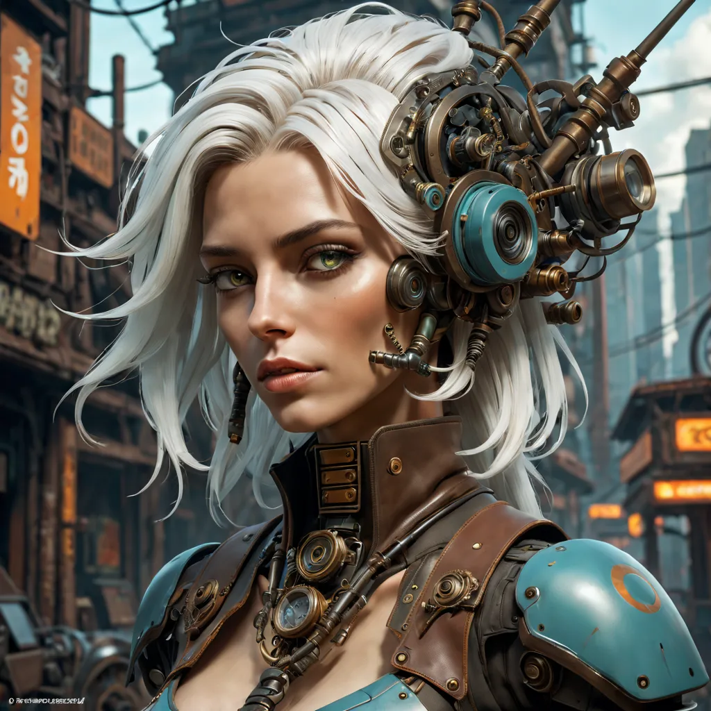 steampunk female robot face, face full tank top, full lance boots, white hair, extremely detailed, intricate, intricate, charact...