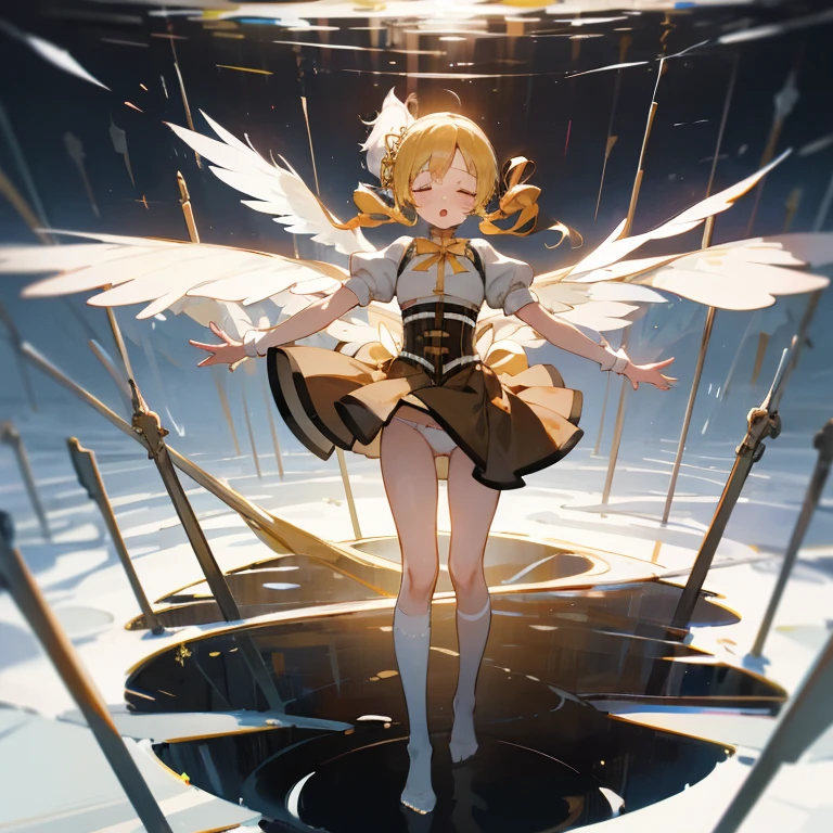 1 girl, scenery, solo, perfect anatomy, standing, spread arms, mami tomoe, masterpiece, best quality, highres, big breast, closed eyes, :o, (fluttering skirt, white panties:1.2), double exposure,