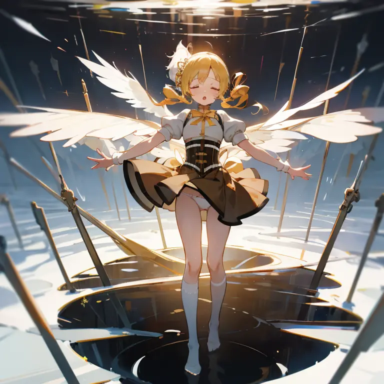 1 girl, scenery, solo, perfect anatomy, standing, spread arms, mami tomoe, masterpiece, best quality, highres, big breast, close...