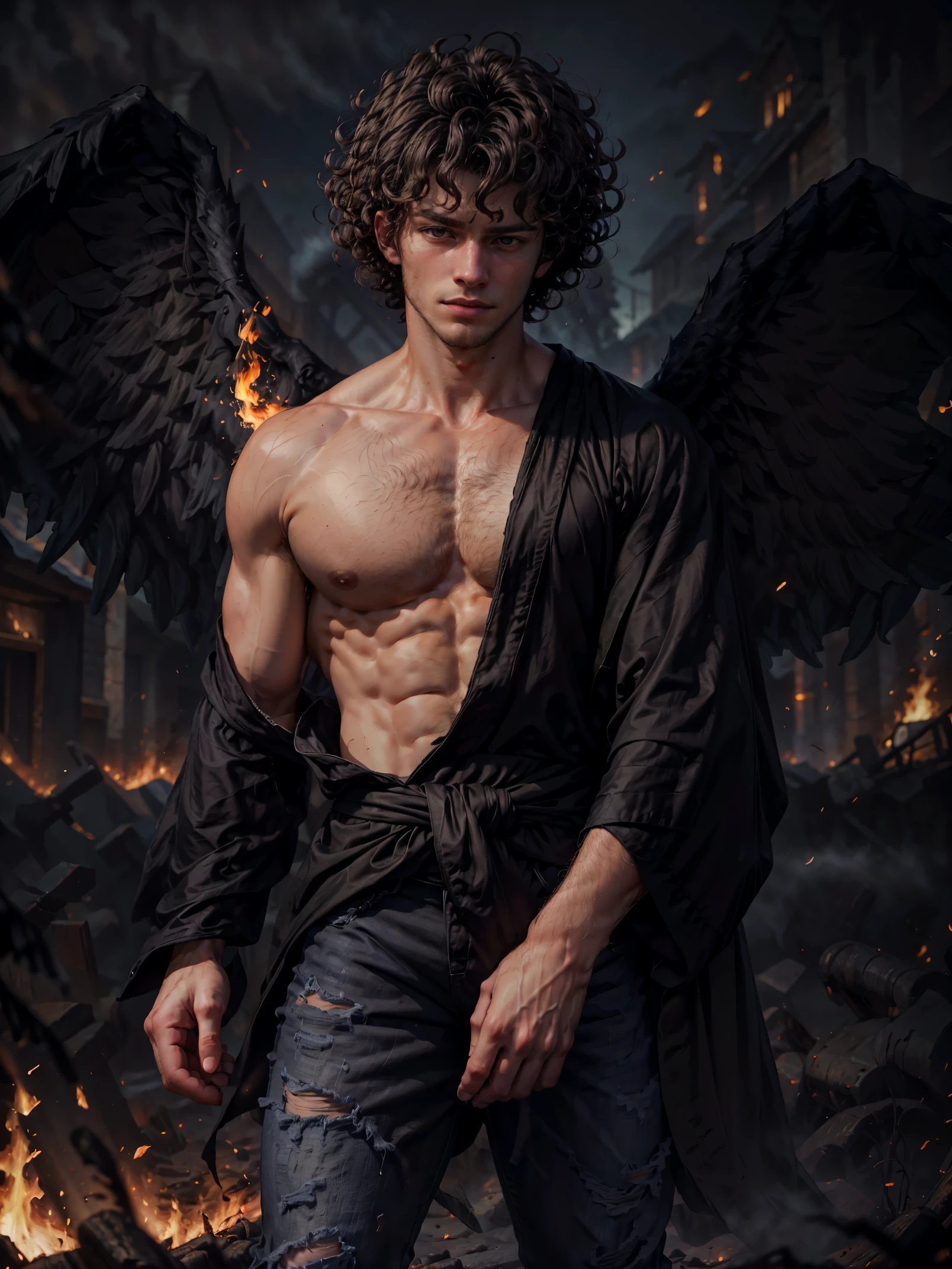 upper body, close up portrait, 1 boy in a war scene at night, ((curly hair)), handsome face, athletic body, shirtless, (perfect chest), wearing black jeans, (wearing wind-blown black robe), black wings, fire circulating  ,{fire around},misty, dazzling, hyperrealism