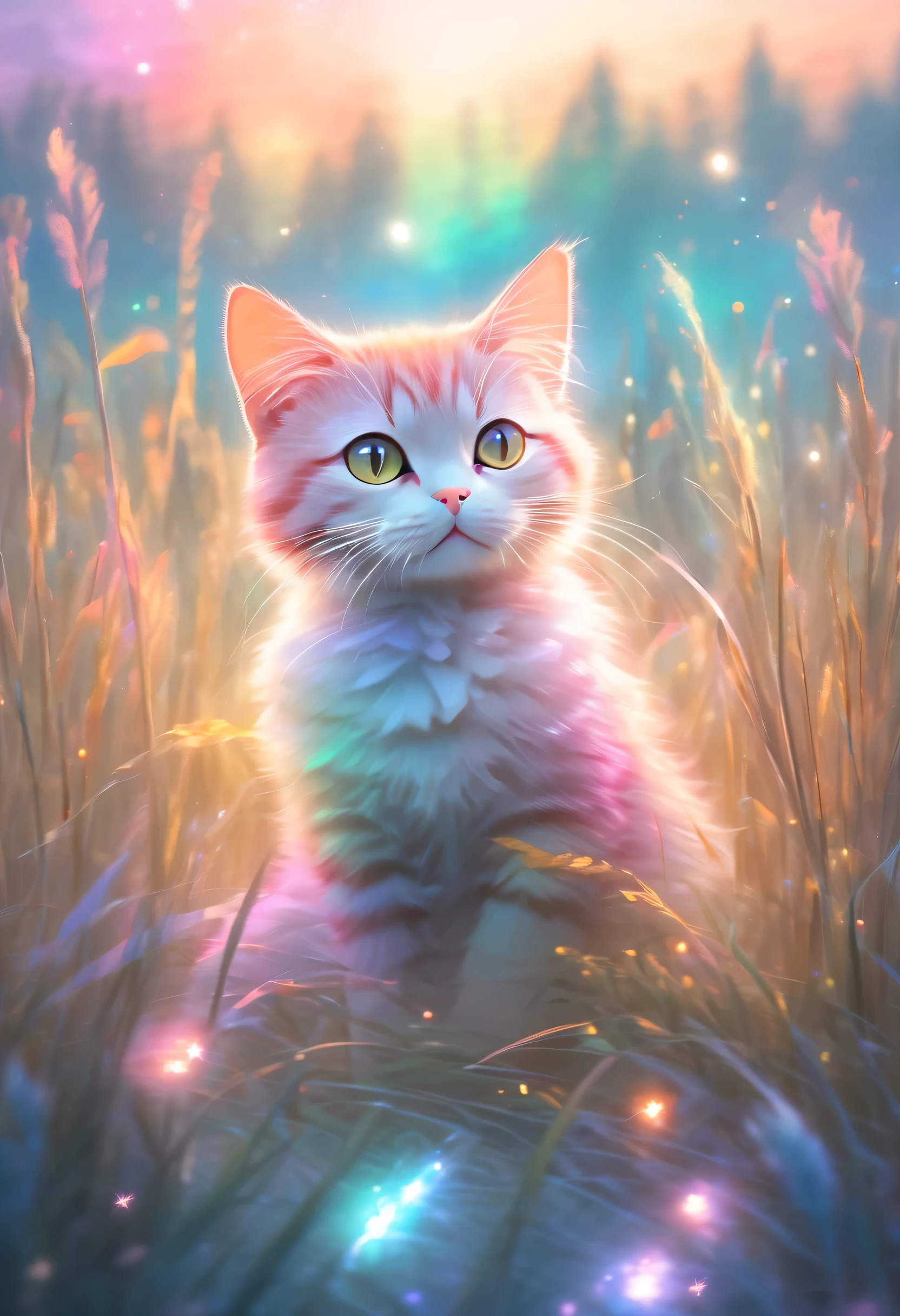 bunt、hell erleuchteter Himmel，Eine Katze sitzt auf einem Feld, umgeben von hohem Gras, Pastellmalerei-Stil, Ätherische Lichteffekte, Leichtes, stimmungsvolles Waldbild,Star Art Troupe (Xing Xing)