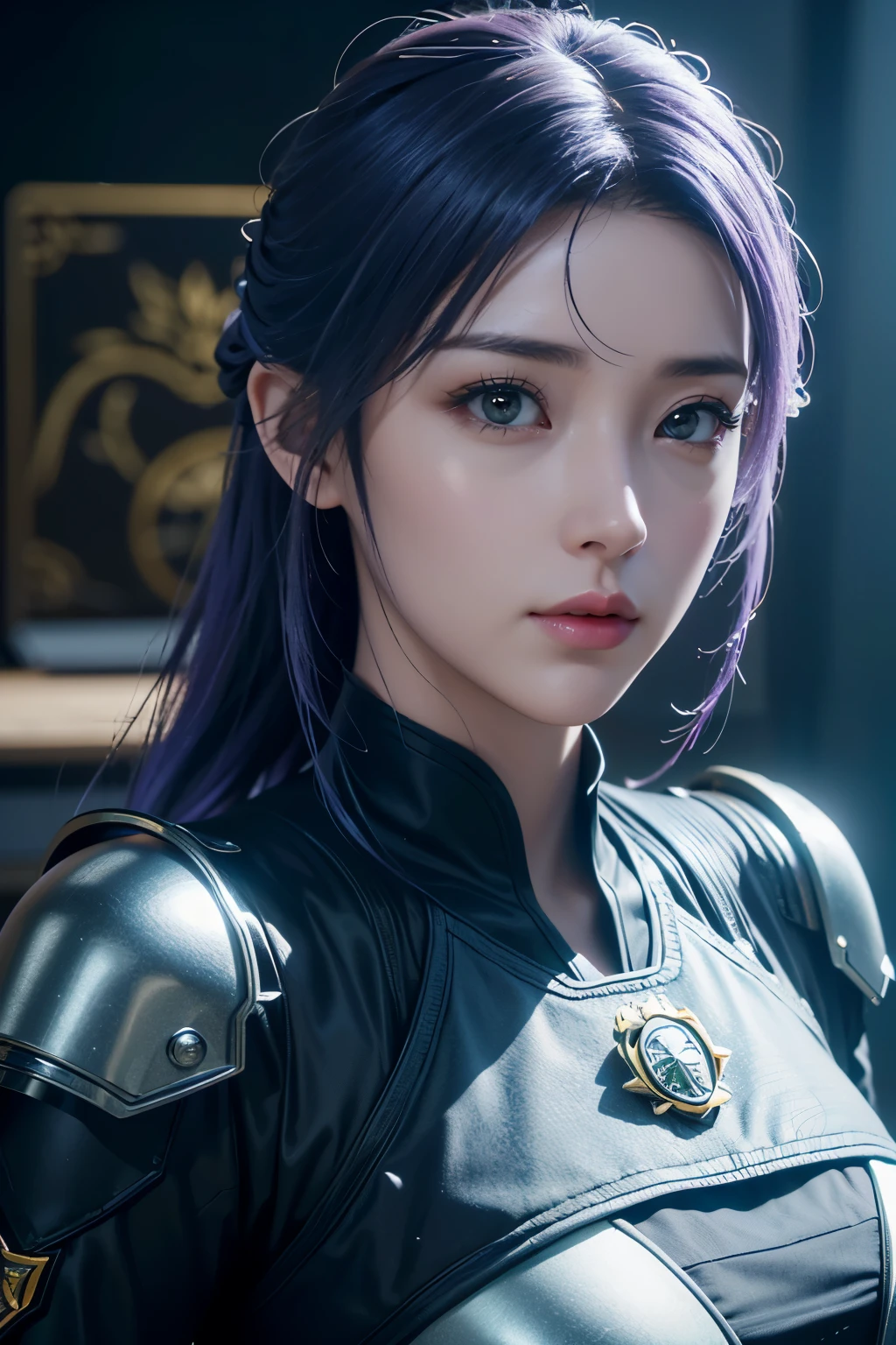 Masterpiece，The best qualities，Very high resolution，8K，((Portrait))，((Head close-up))，Original photo，real photo，Digital Photography， (A girl dressed in a combination of modern and technological style)，(Police officer)，22-year-old girl，(Random hairstyles，Purple hair)，(The pupils of the eyes are purple)，(Lachrymal mole in the corner of the eye)，charming，Elegant and noble，calm，Serious，(Big breastodern combat clothing，Joint Armor，Police uniform，Badge，White dress，Armor，Metallic luster)，Pattern detail，( Special Forceemale soldier photo pose，Street background，Movie lights，Ray tracing，Game CG，((3D Unreal Engine))，oc rendering reflection texture