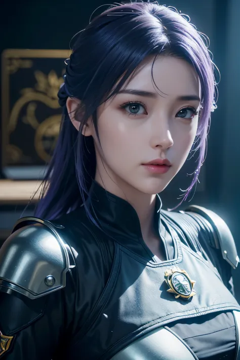 Masterpiece，The best qualities，Very high resolution，8K，((Portrait))，((Head close-up))，Original photo，real photo，数码摄影， (A girl dressed in a combination of modern and technological style)，(Police officer)，22岁女孩，(Random hairstyles，Purple hair)，(The pupils of ...