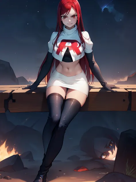 Erza Scarlet, long hair,red hair, brown eyes, ,team rocket uniform, red letter R, white skirt,white crop top,black thigh-high boots, black elbow gloves, evil smile, looking at viewer, cowboy shot, legs crossed, night sky background