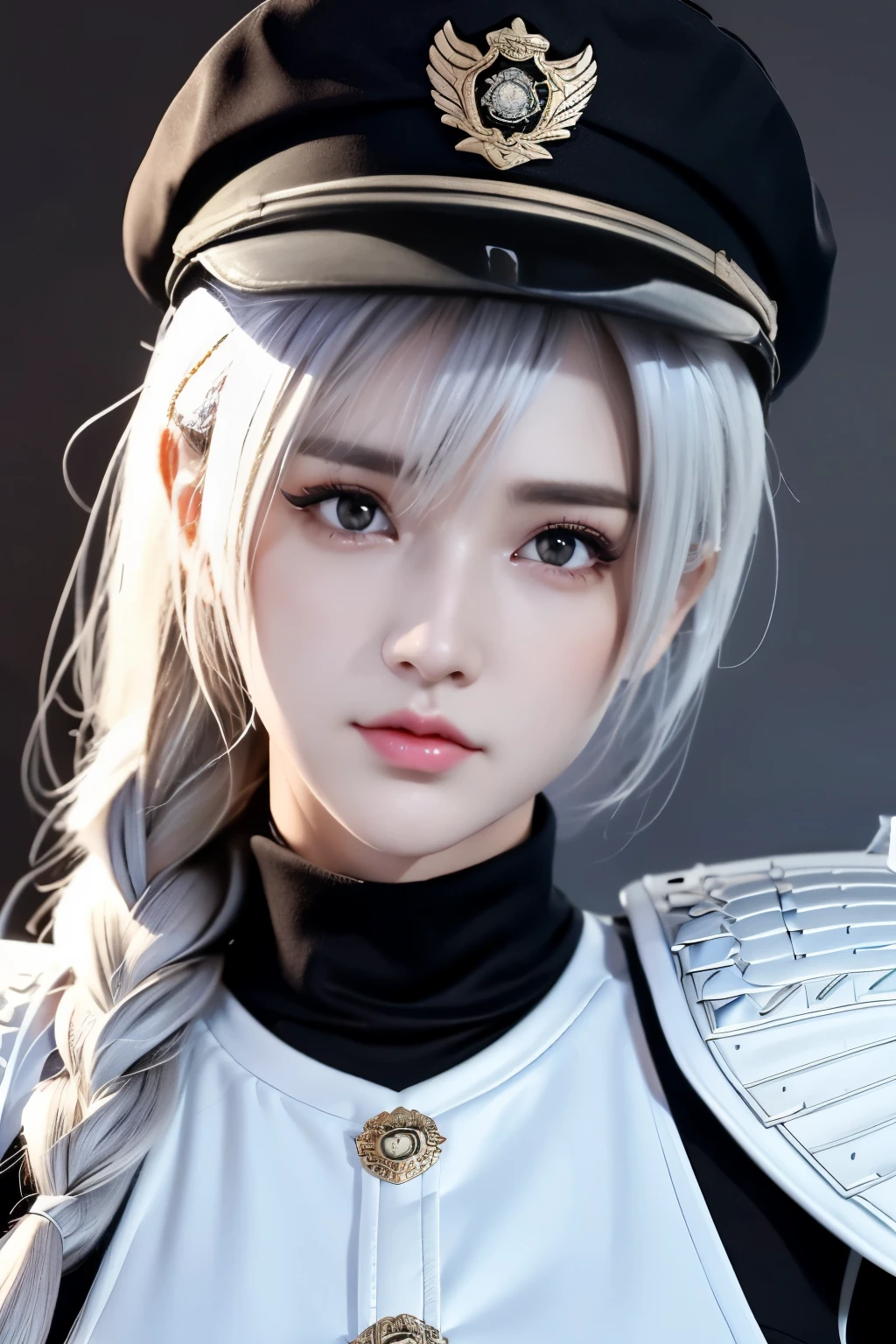 Masterpiece，The best qualities，Very high resolution，8K，((Portrait))，((Head close-up))，Original photo，real photo，Digital Photography， (A girl dressed in a combination of modern and technological style)，(Police officer)，22-year-old girl，(Random hairstyles，White hair)，(The pupils of the eyes are purple)，(Lachrymal mole in the corner of the eye)，charming，Elegant and noble，calm，Serious，(Big breastodern combat clothing，Joint Armor，Police uniform，Badge，White dress，Armor，Metallic luster，Officer's cap)，Pattern detail，( Special Forceemale soldier photo pose，Street background，Movie lights，Ray tracing，Game CG，((3D Unreal Engine))，oc rendering reflection texture