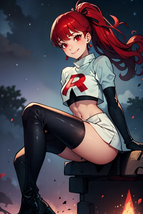 red hair, pony tail, red eyes ,glossy lips, light makeup, eye shadow, earrings ,team rocket,team rocket uniform, red letter R, white skirt,white crop top,black thigh-high boots, black elbow gloves, evil smile, legs crossed, night sky background
