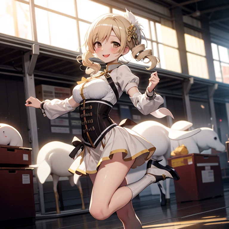 masterpiece, High- sharpness, Best quality at best, 1girl, solo, graceful dance, Beautiful udder, Legs with rich lines, Happy expression, mami tomoe, (white panties:0.5)