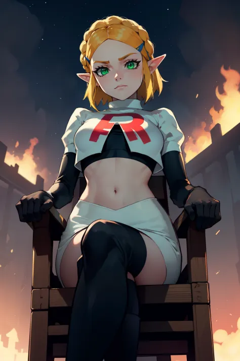 Zelda, green eyes, short hair ,team rocket,team rocket uniform, red letter R, white skirt,white crop top,black thigh-high boots ...