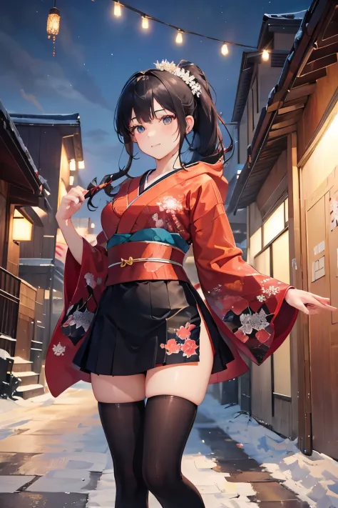 captivating scene featuring a beautiful anime-style girl with distinct features, set against a winter wonderland backdrop. The girl will have black hair styled in a ponytail, single eyelids, and hooded, sultry, deep set, captivating eyes of a striking dark...