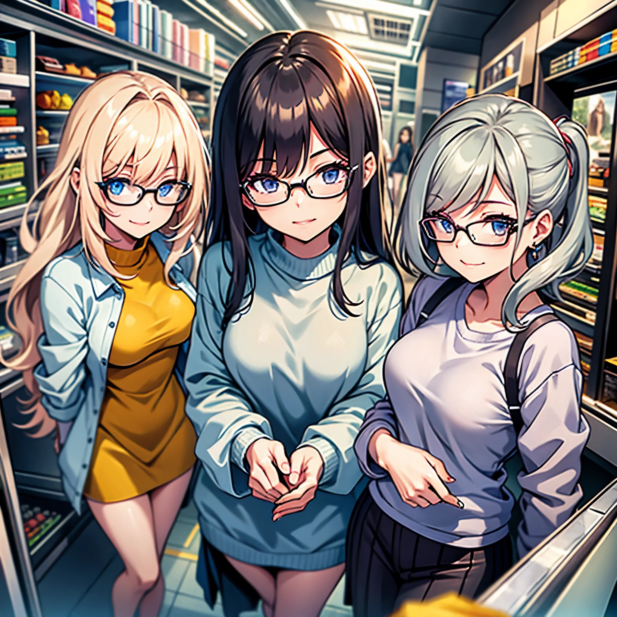 Tres chicas anime con gafas están paradas en una tienda - SeaArt AI