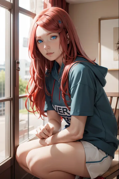 Masterpiece, ultra-detailed, 1girl, solo, Uzumaki Kushina, long red hair, hair ornament, red hair, hairclip, (blue eyes:1.5), we...
