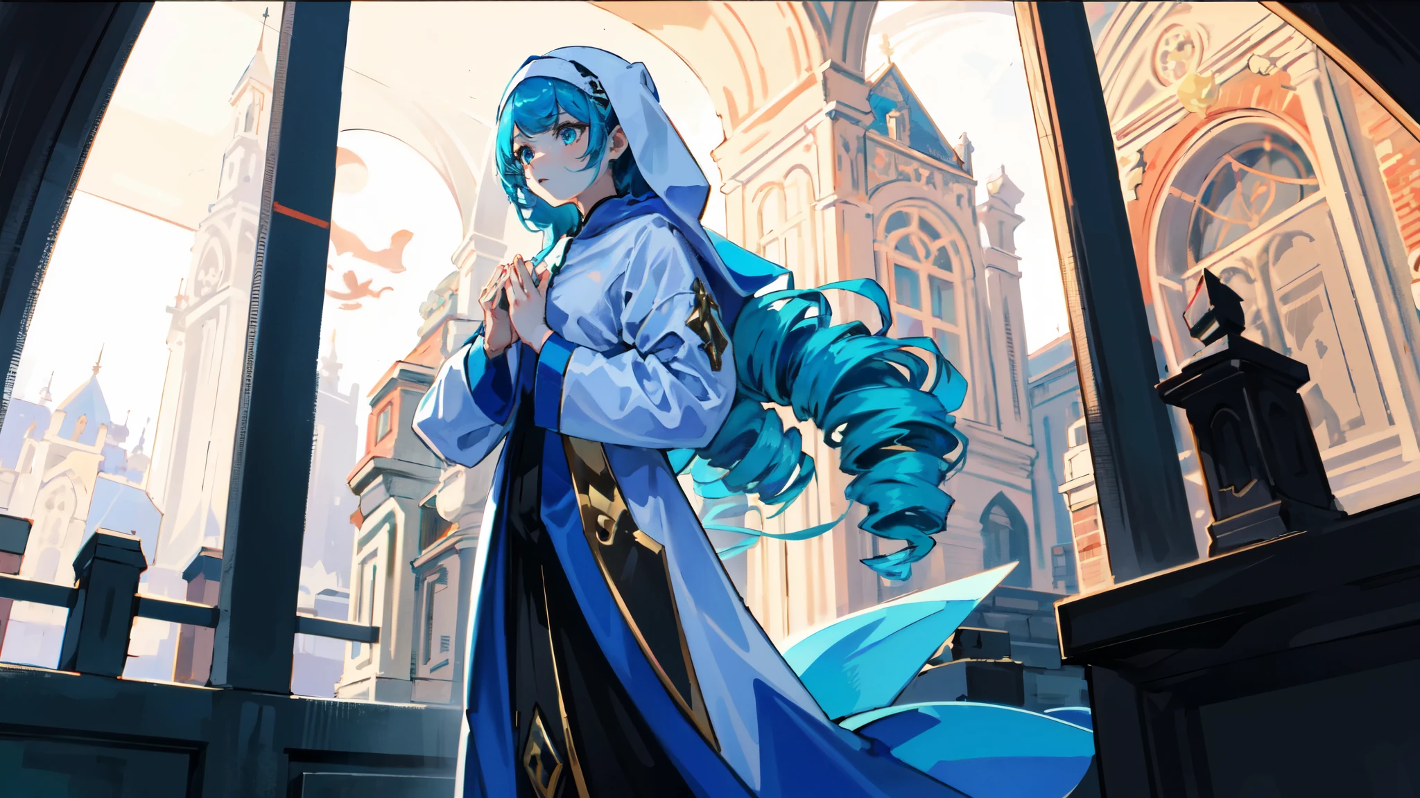 1 girl,solo, masterpiece, best quality,hooded nun uniform，pray，（face guard:1.3），crosses, perfect lighting, long skirt，long hair, Double tail, drill hair, blue hair, blue eyes, Gwen, 