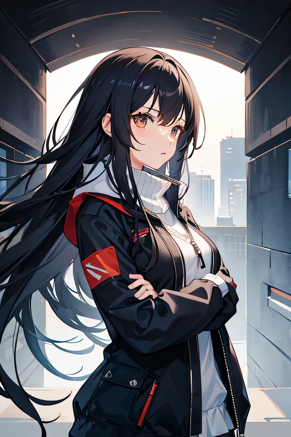 anime girl with long black hair and sci-fi grey outfit, brown eyes, face facing the screen, character portrait, profile picture