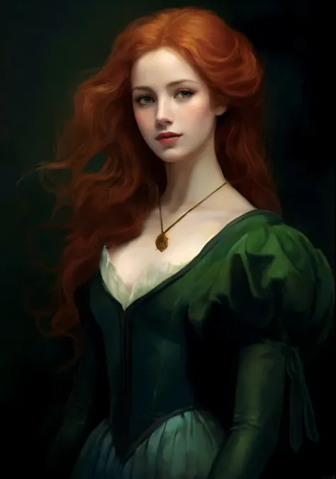 un cuadro de una mujer pelirroja y vestido verde, hermosa pintura de personajes, portrait of princess merida, charlie bowater ri...