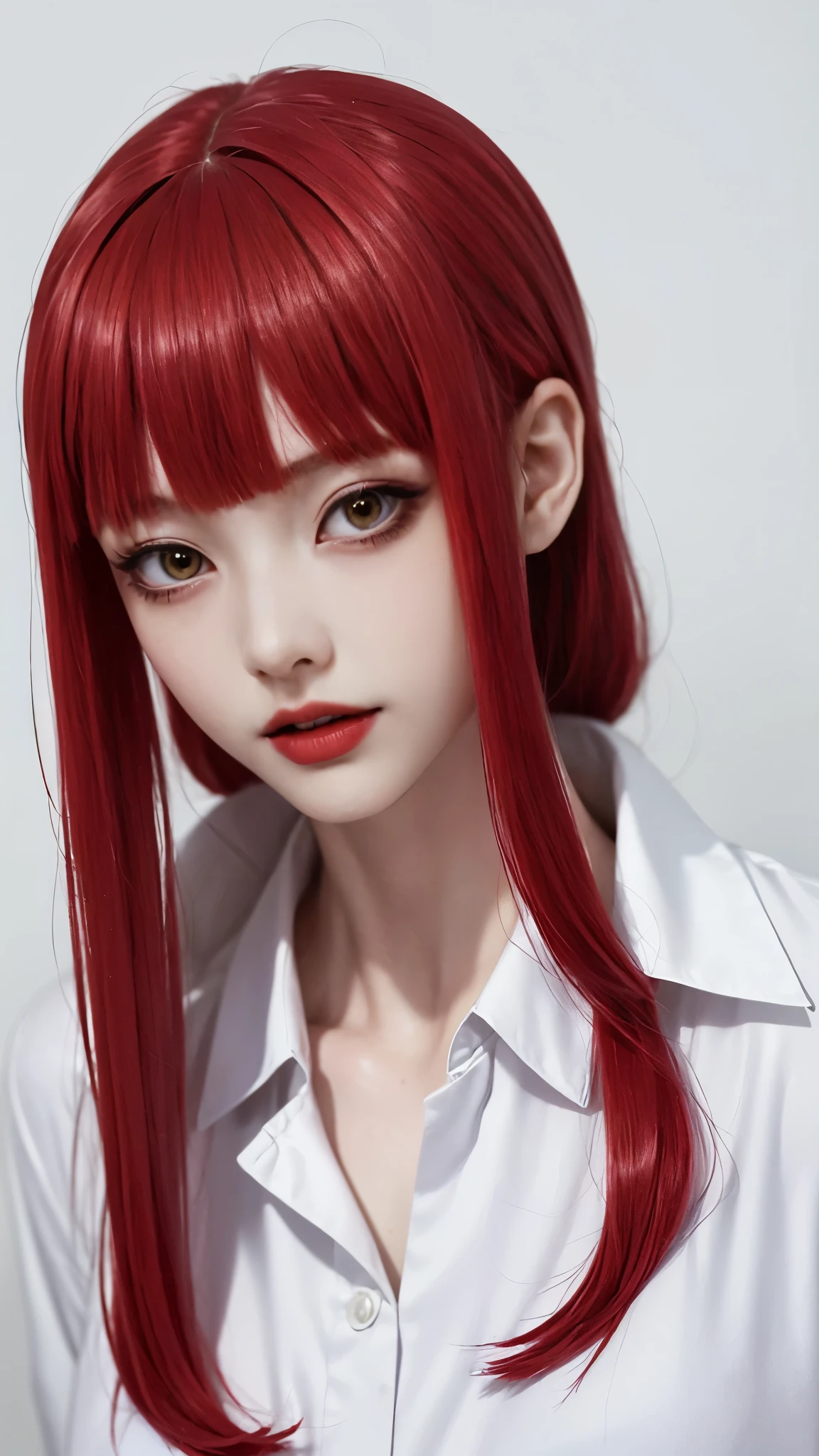 (((Makima))) from chainsaw man,Mappa, white background , Red hairs, white shirt,black tie, expressive eyes,evil happy look,red lips , beautiful evil look,pale skin,red lips,
Clear white background, big breasts,beautiful big eyes 
