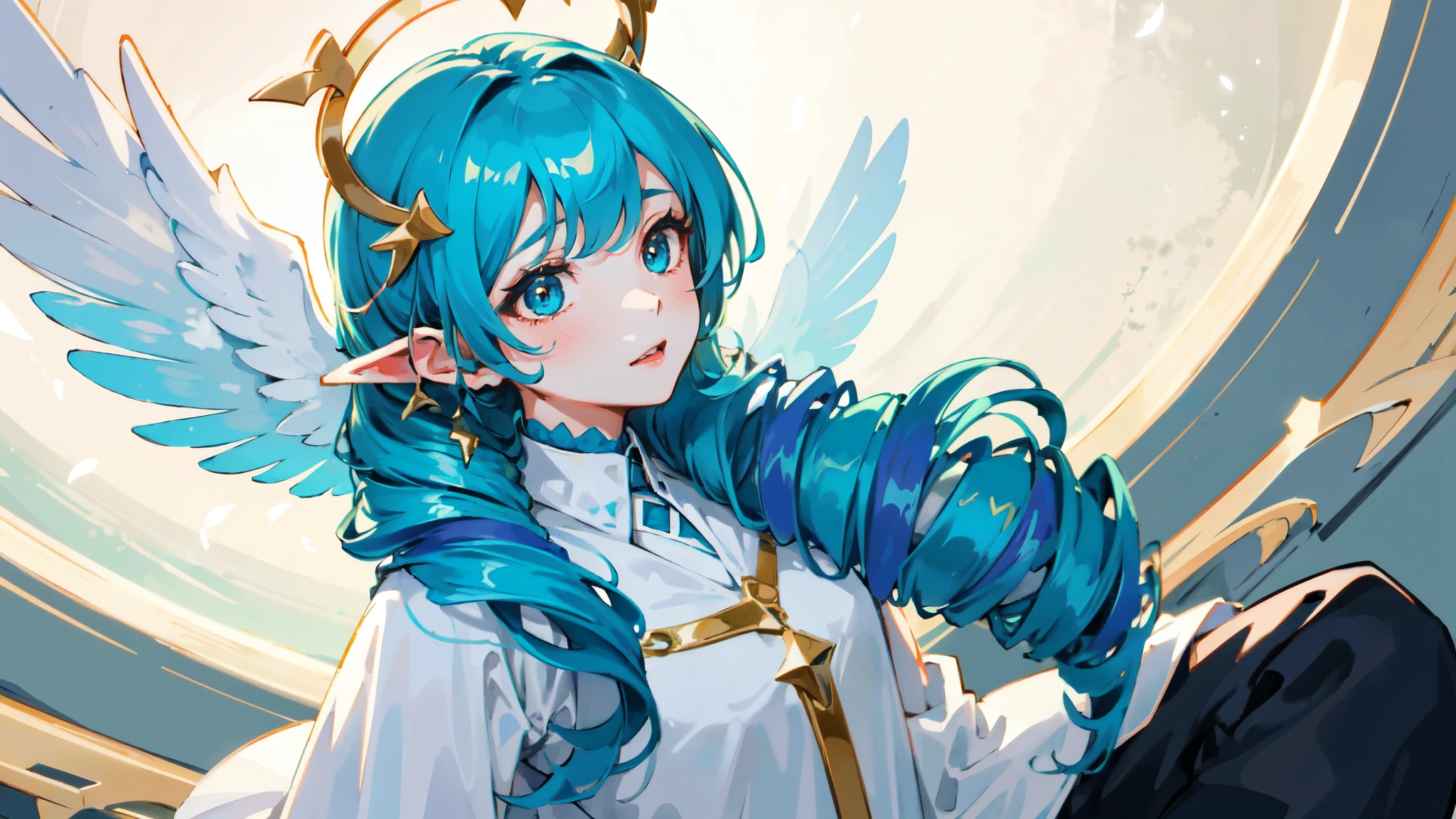 1 girl,solo, masterpiece, best quality,she is an angel，Glowing halo above head，feather wings，pure white robe，Falling from the sky，look up，perfect lighting,，long hair, Double tail, drill hair, blue hair, blue eyes, Gwen, 