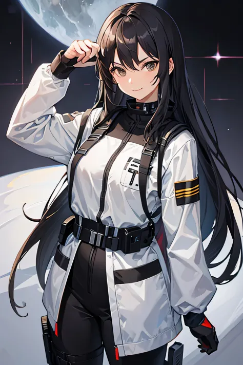 female, sci fi grey outfit, long black hair, brown eyes, smirk, confident pose