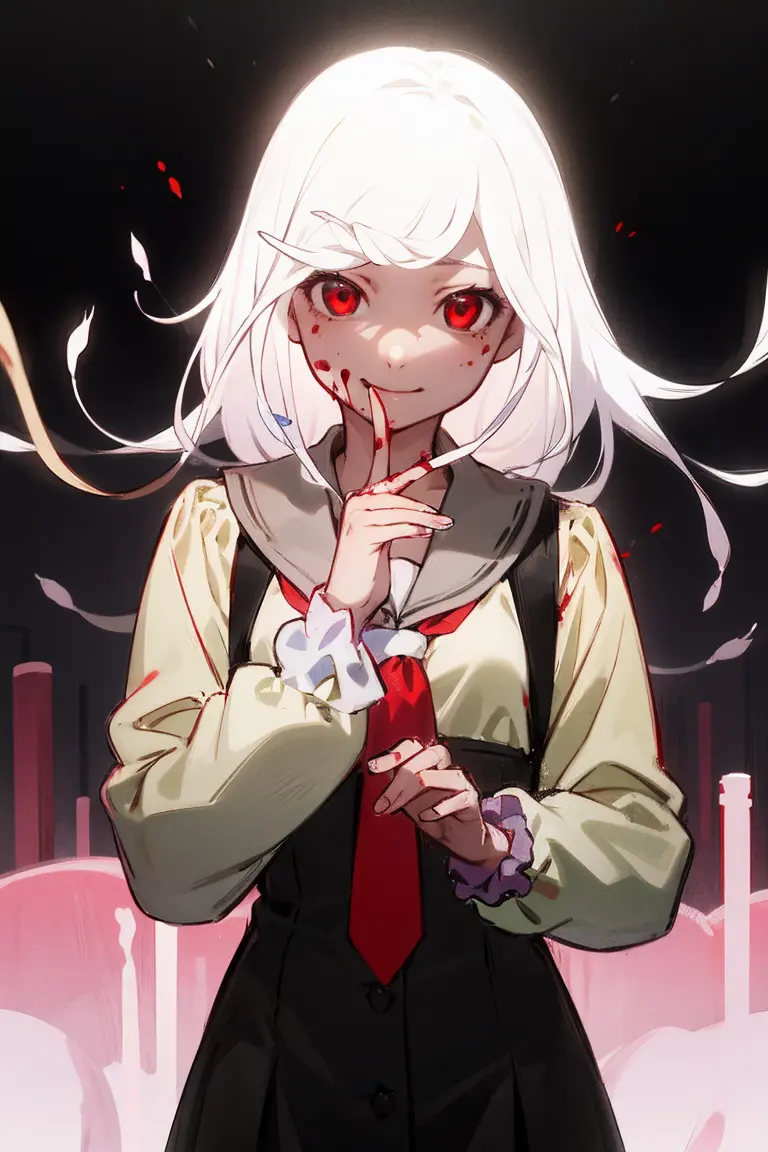 1 girl，detailed details，white hair，white snake，red eyes，smile，shining eyes，god，a white scrunchie in one hand，red tie，sailor，long...